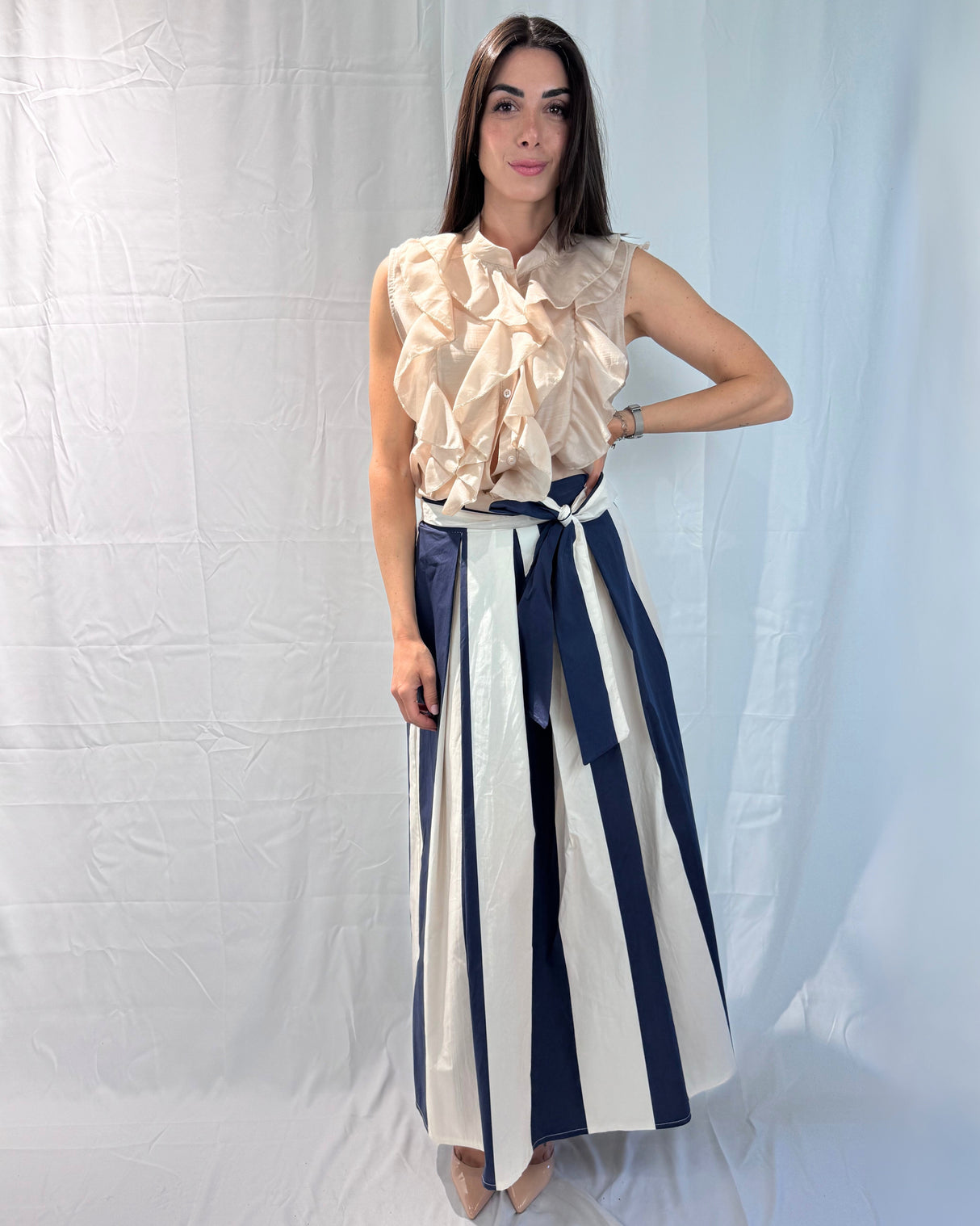 STRIPED SKIRT WITH BOW BELT 100% COTTON