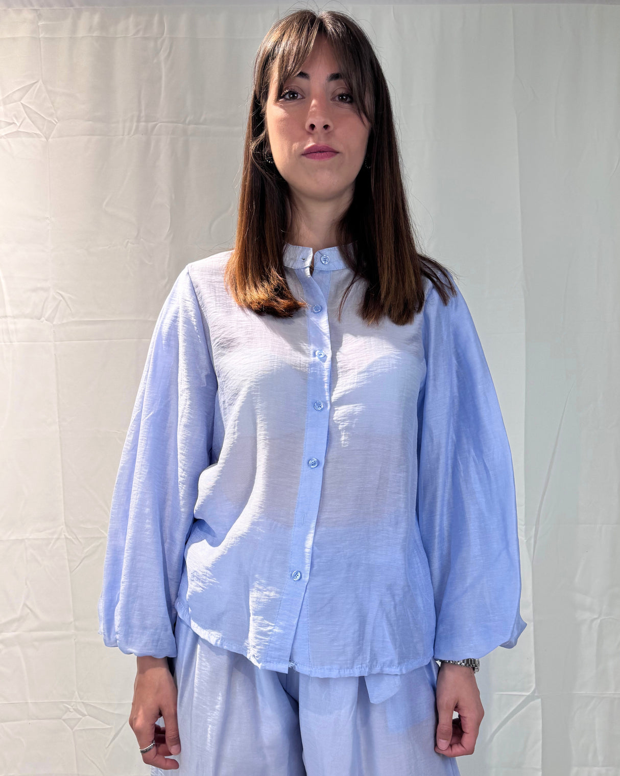 LINEN-TENCEL MIXED WIDE PUFF SLEEVE SHIRT