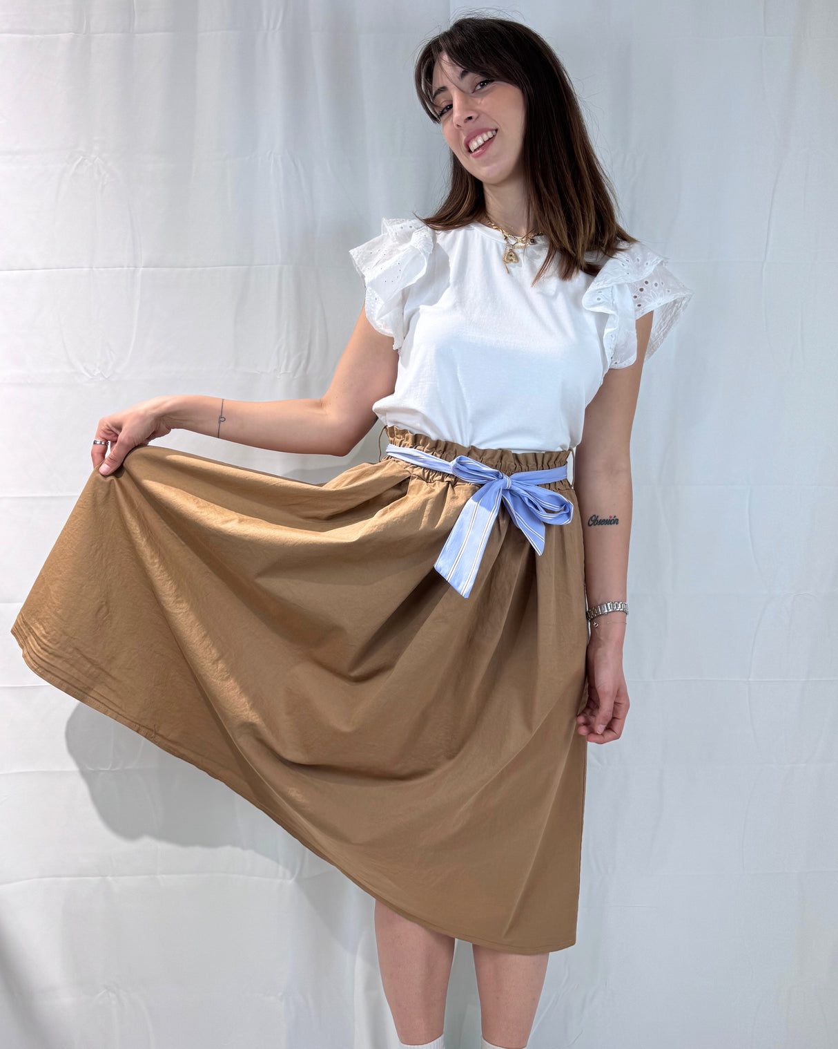 GARMENT DYED SKIRT WITH STRIPED FABRIC BELT
