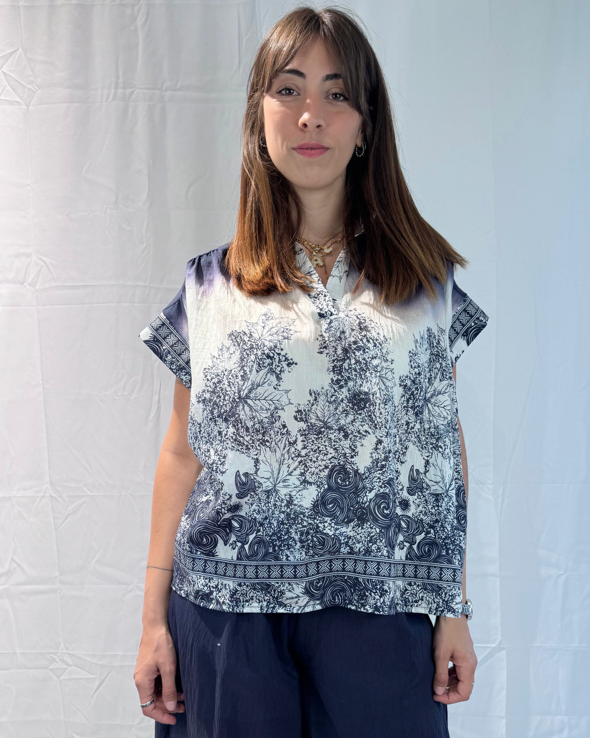 LINEN-TENCEL MIX PRINTED BLOUSE