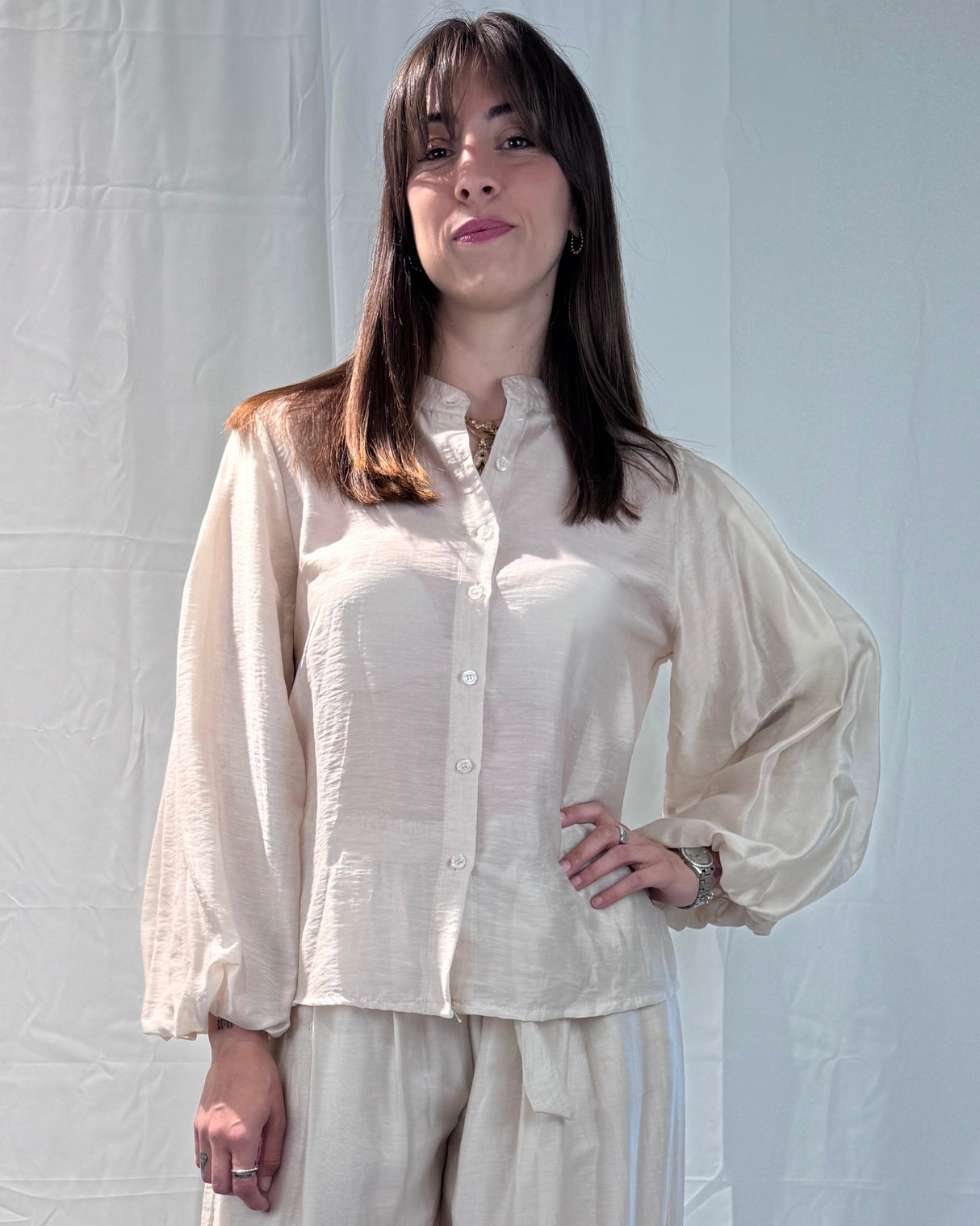 LINEN-TENCEL MIXED WIDE PUFF SLEEVE SHIRT