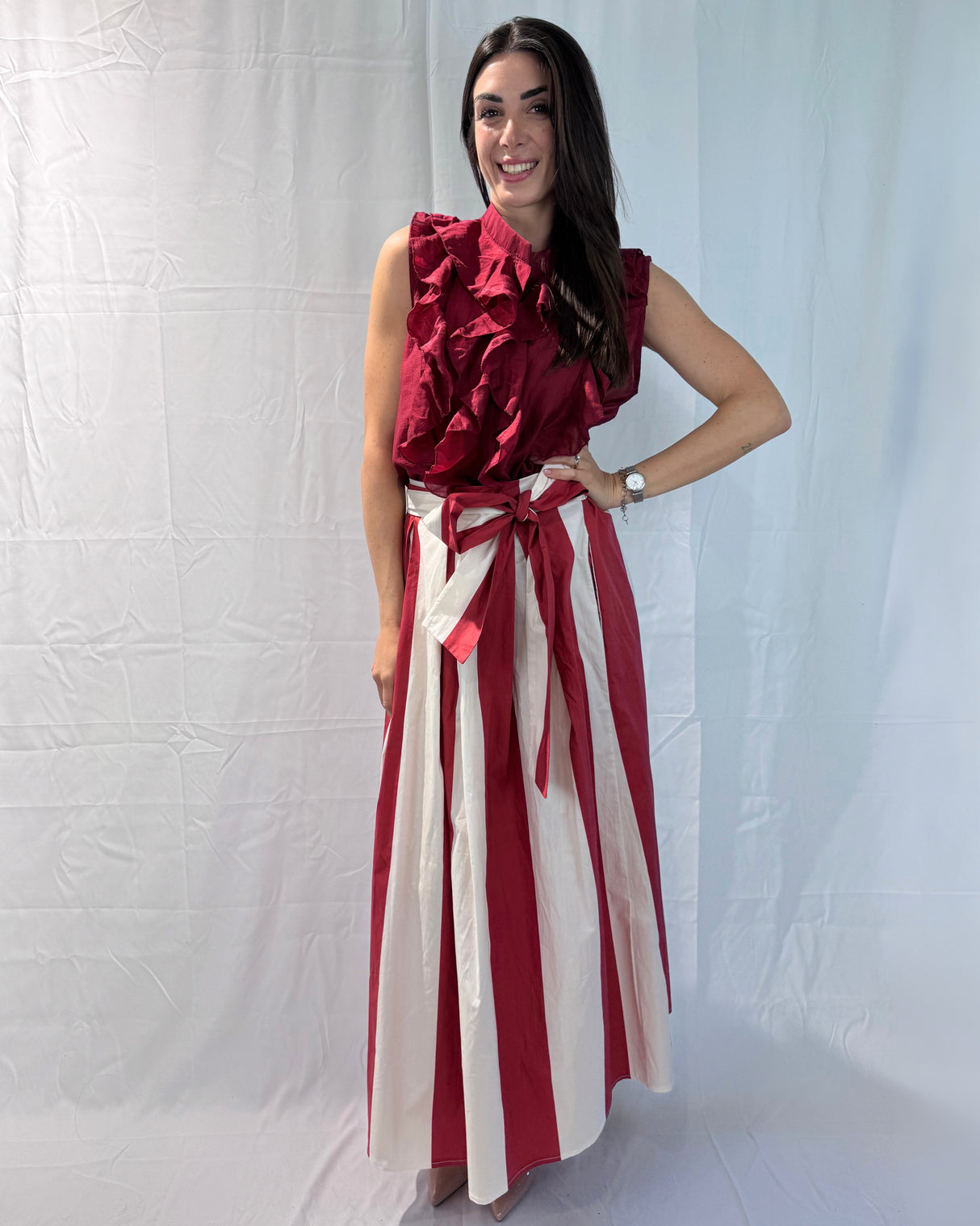 STRIPED SKIRT WITH BOW BELT 100% COTTON