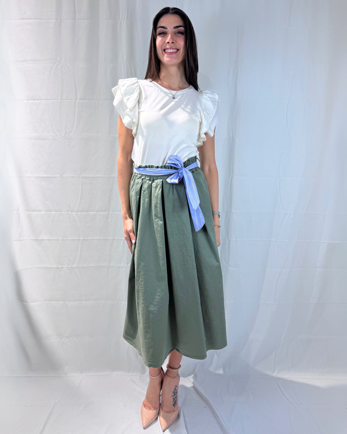 GARMENT DYED SKIRT WITH STRIPED FABRIC BELT