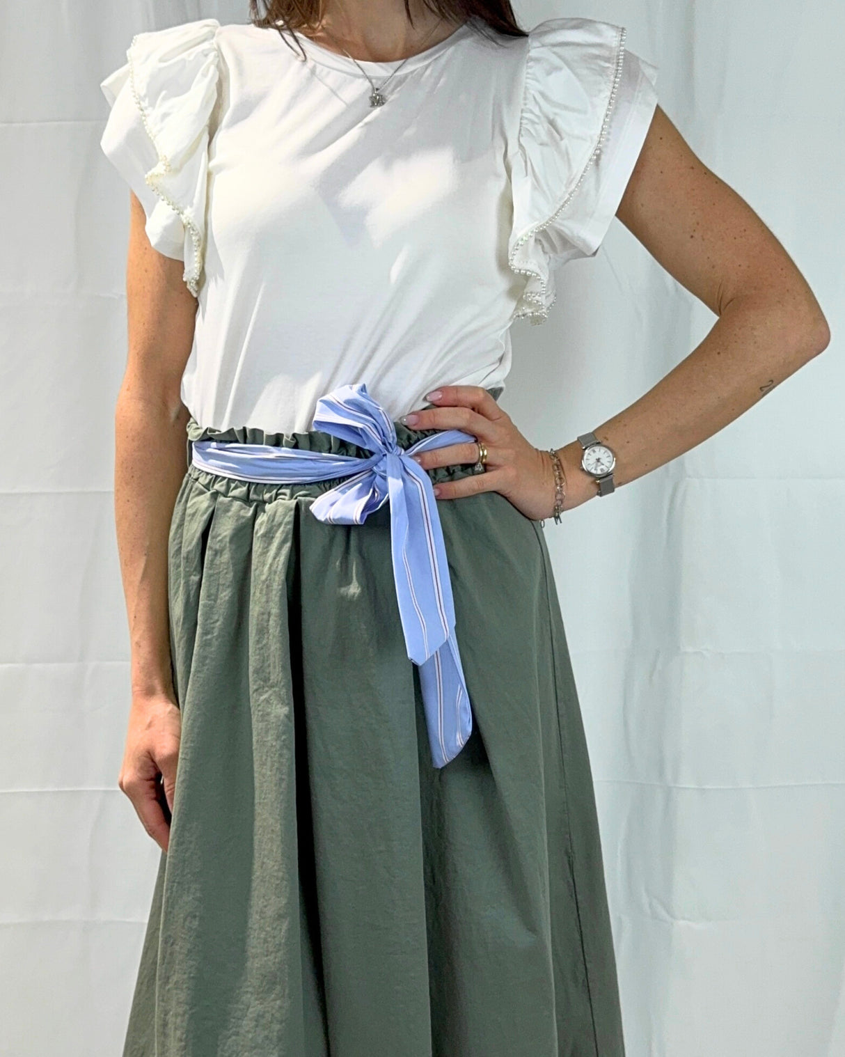 GARMENT DYED SKIRT WITH STRIPED FABRIC BELT