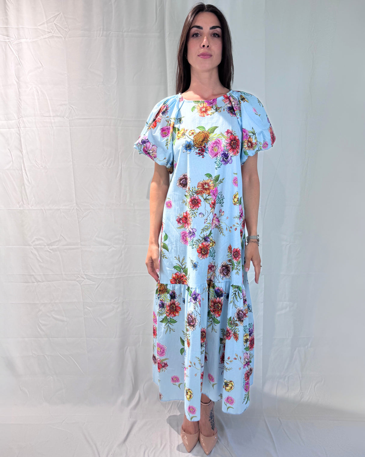 LONG DRESS WITH PUFF SLEEVES AND FLOWER PRINT