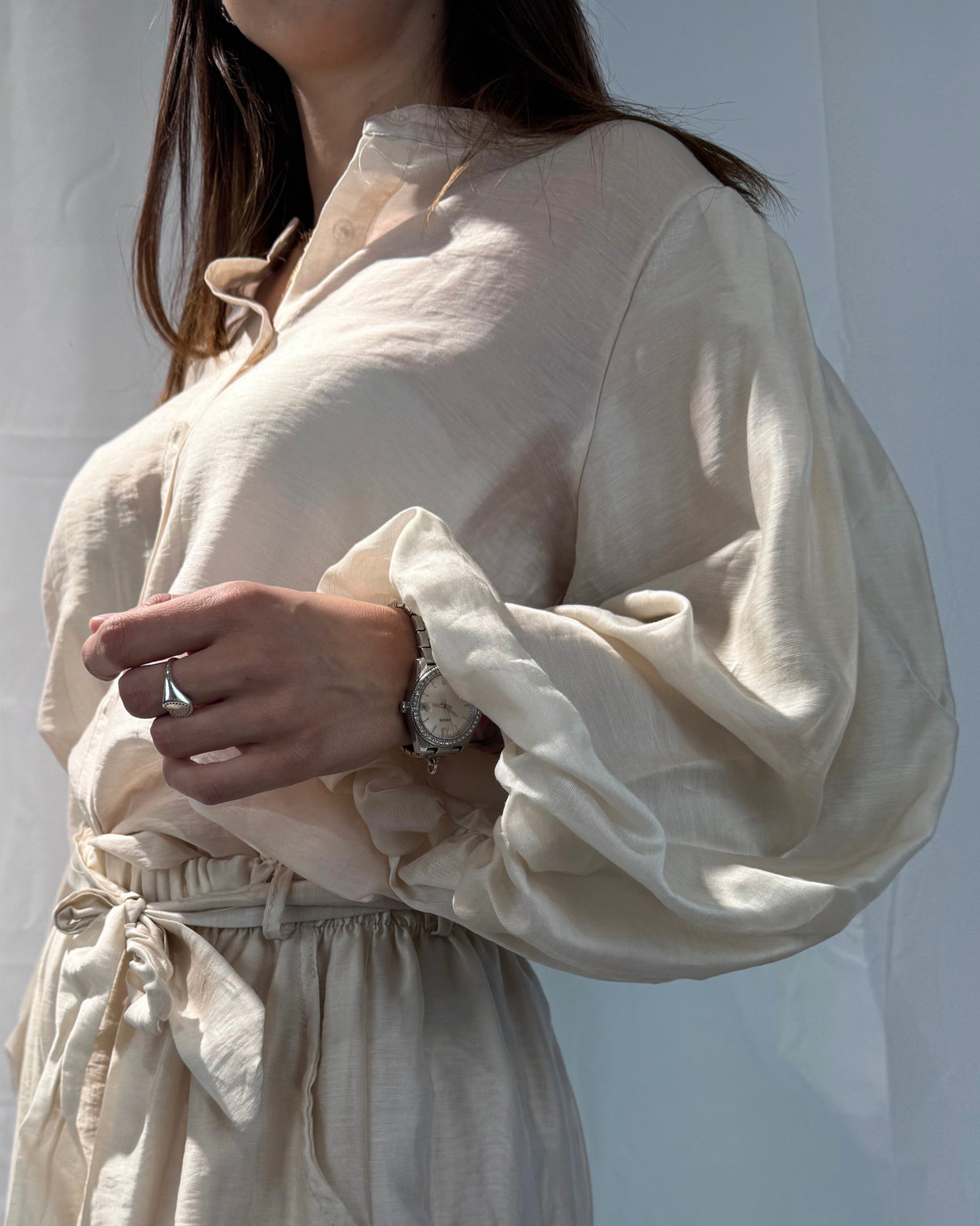 LINEN-TENCEL MIXED WIDE PUFF SLEEVE SHIRT