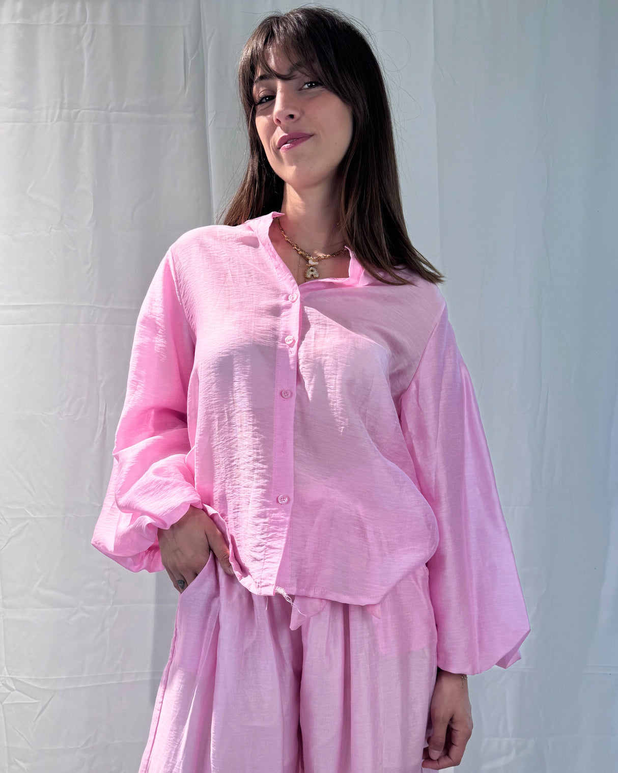 LINEN-TENCEL MIXED WIDE PUFF SLEEVE SHIRT
