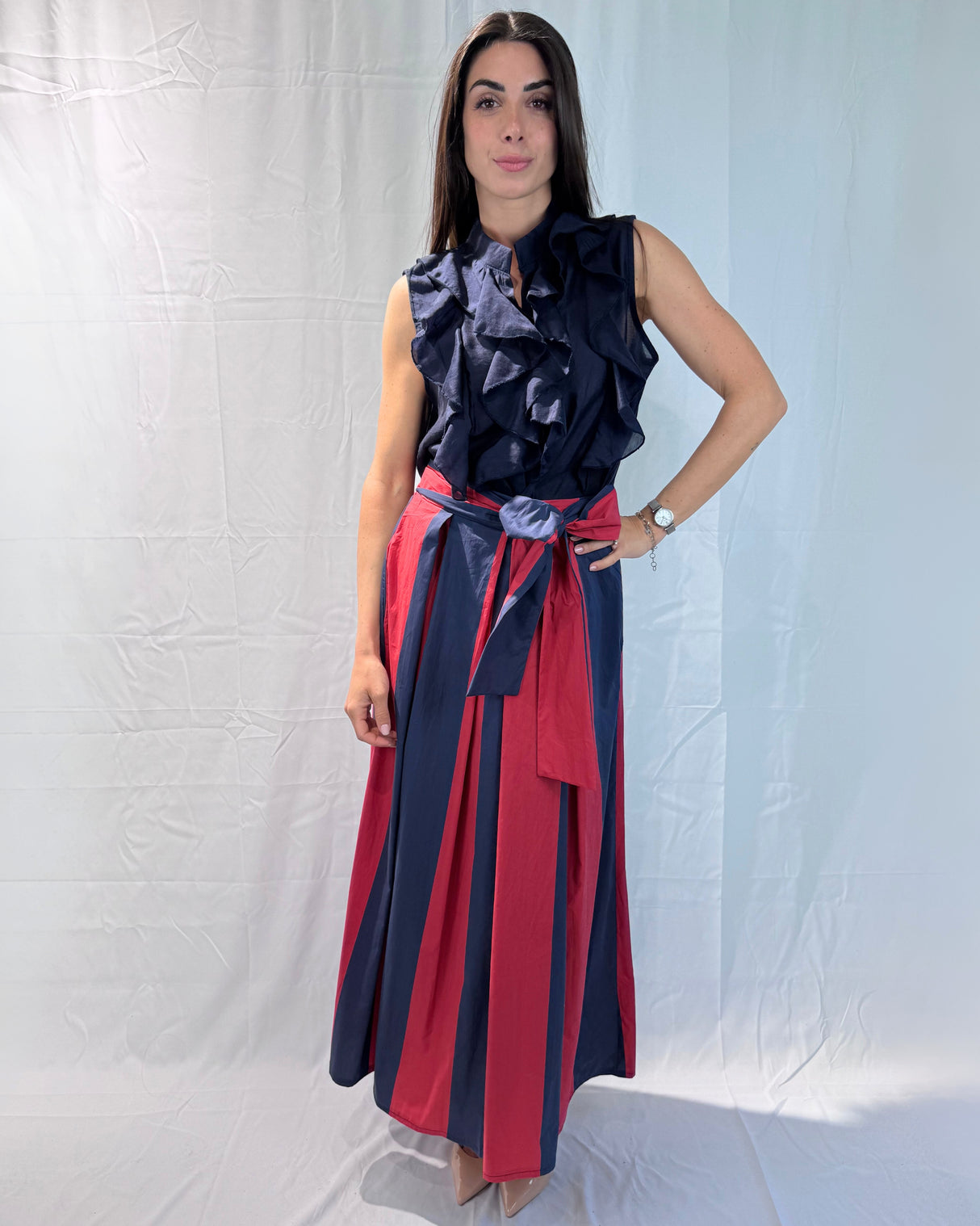STRIPED SKIRT WITH BOW BELT 100% COTTON