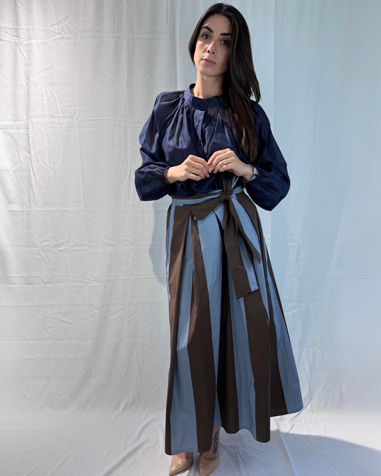 STRIPED SKIRT WITH BOW BELT 100% COTTON