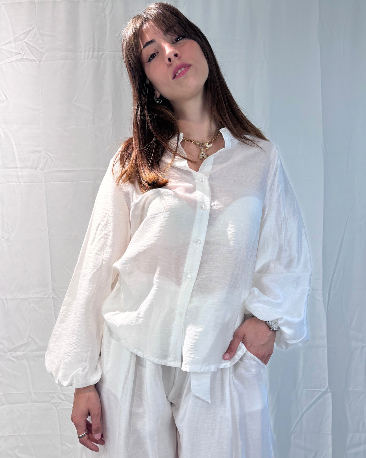 LINEN-TENCEL MIXED WIDE PUFF SLEEVE SHIRT