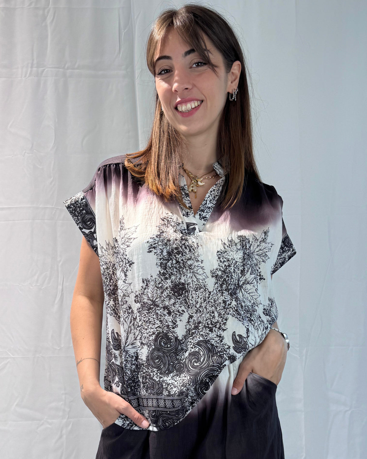 LINEN-TENCEL MIX PRINTED BLOUSE